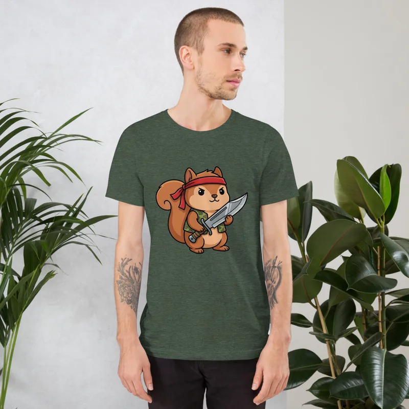 Warrior Squirrel Graphic Tee, front view — cartoon squirrel in red bandana and camo vest wielding a large combat knife