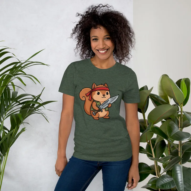 Warrior Squirrel Graphic Tee, front view — cartoon squirrel in red bandana and camo vest wielding a large combat knife