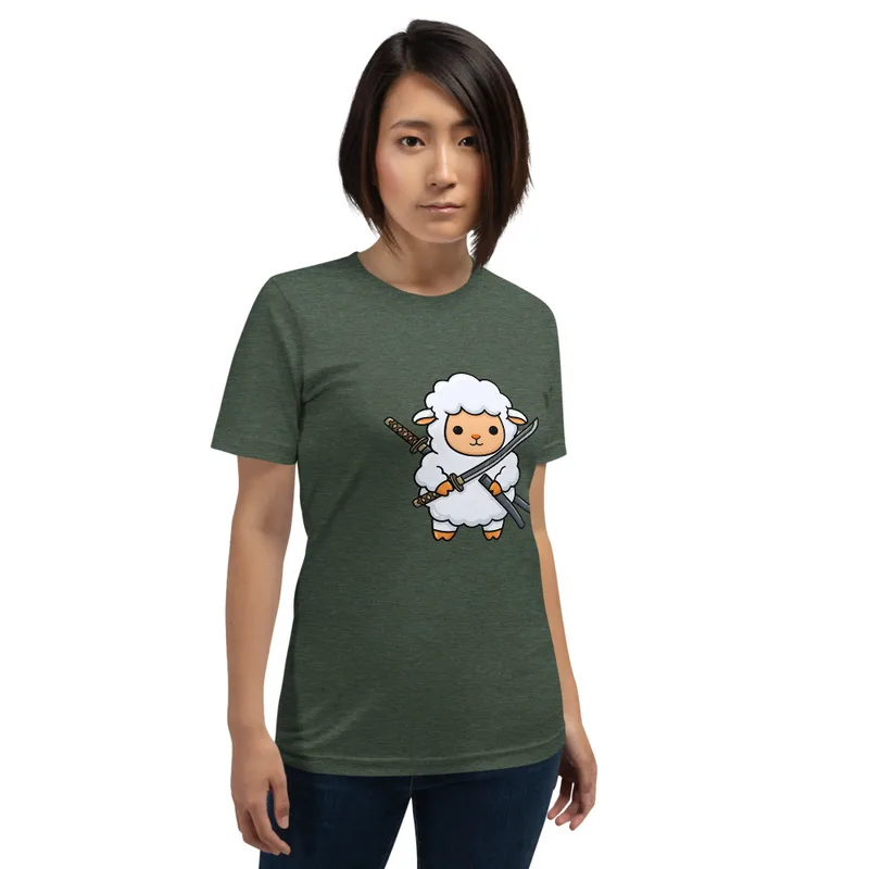 Samurai Sheep T-Shirt, front view — cartoon fluffy sheep samurai wielding a katana and sheathed sword on white background