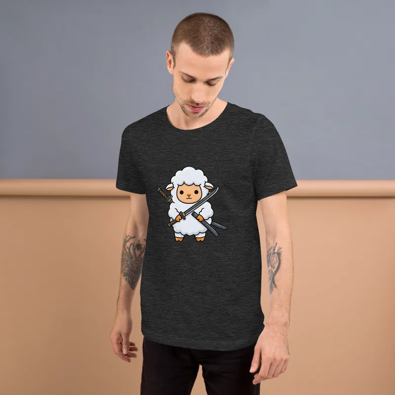 Samurai Sheep T-Shirt, front view — cartoon fluffy sheep samurai wielding a katana and sheathed sword on white background