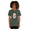 Samurai Sheep T-Shirt, front view — cartoon fluffy sheep samurai wielding a katana and sheathed sword on white background