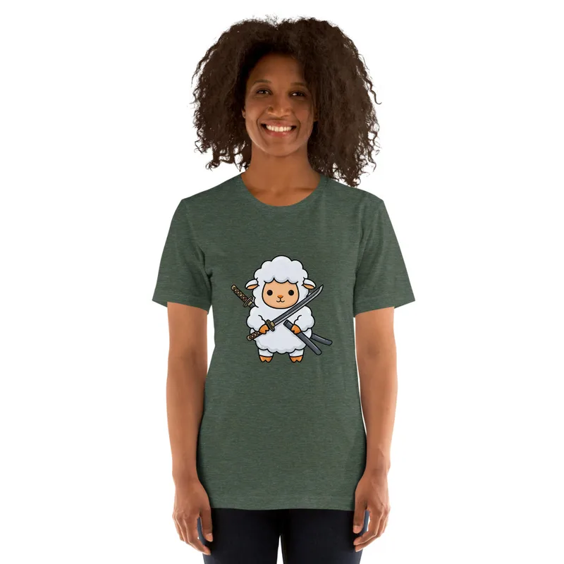 Samurai Sheep T-Shirt, front view — cartoon fluffy sheep samurai wielding a katana and sheathed sword on white background