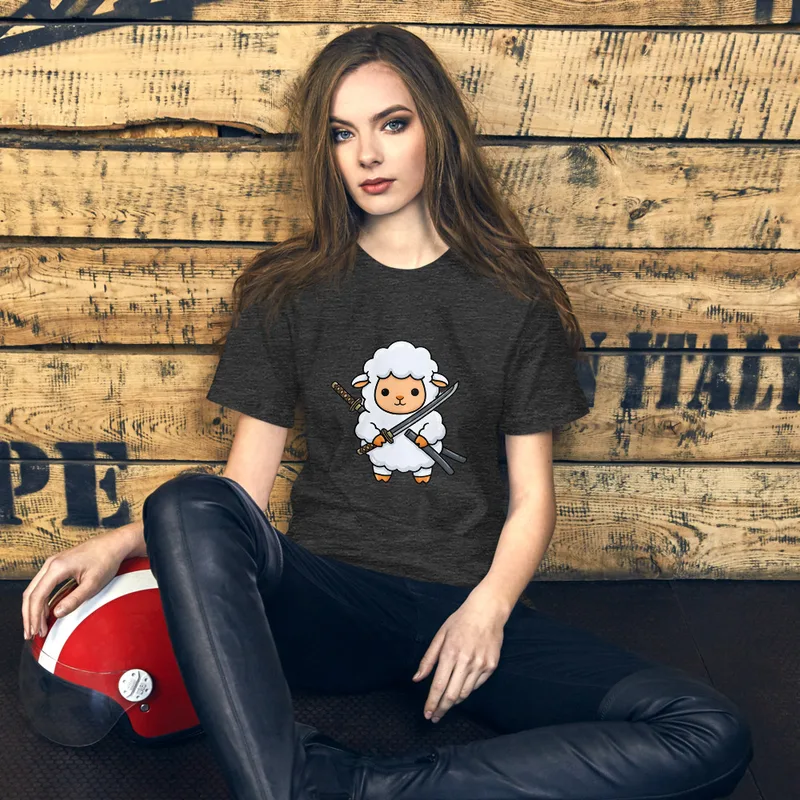 Samurai Sheep T-Shirt, front view — cartoon fluffy sheep samurai wielding a katana and sheathed sword on white background