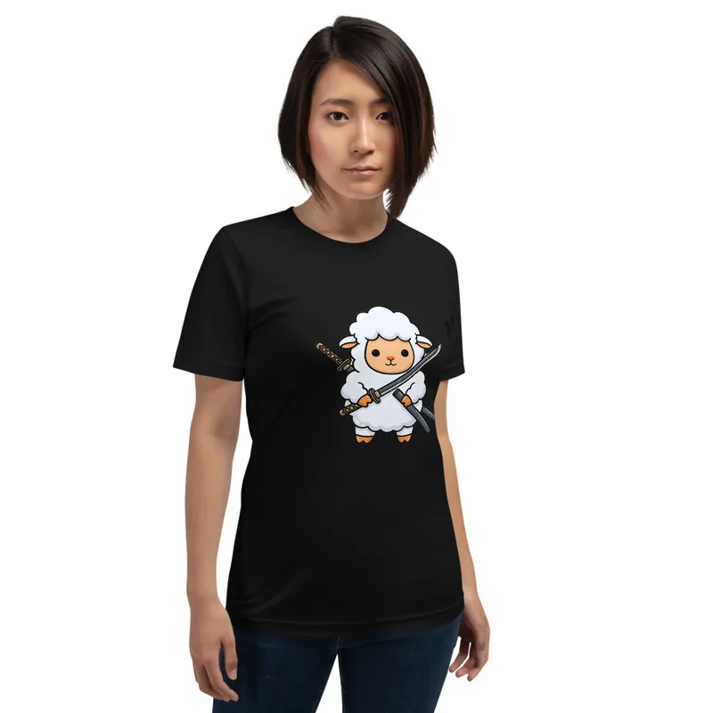 Samurai Sheep T-Shirt, front view — cartoon fluffy sheep samurai wielding a katana and sheathed sword on white background