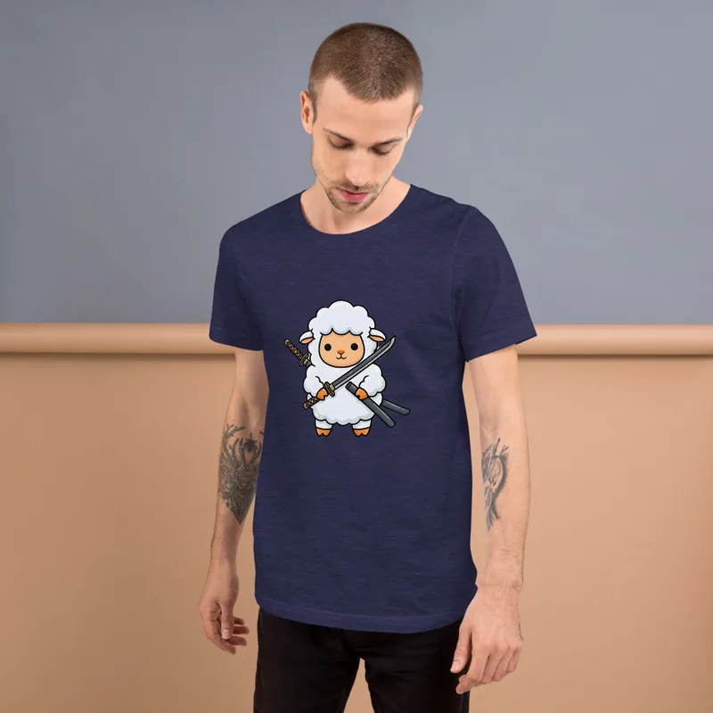 Samurai Sheep T-Shirt, front view — cartoon fluffy sheep samurai wielding a katana and sheathed sword on white background