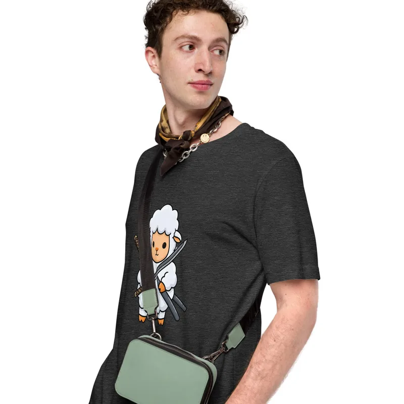 Samurai Sheep T-Shirt, front view — cartoon fluffy sheep samurai wielding a katana and sheathed sword on white background