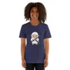 Samurai Sheep T-Shirt, front view — cartoon fluffy sheep samurai wielding a katana and sheathed sword on white background