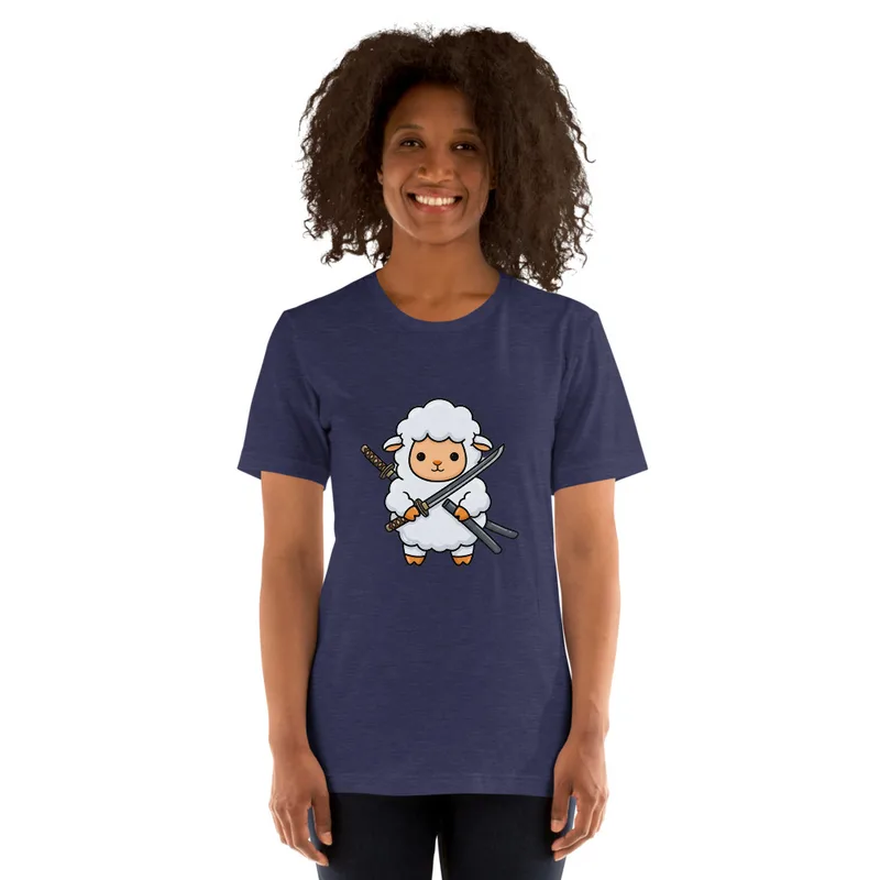 Samurai Sheep T-Shirt, front view — cartoon fluffy sheep samurai wielding a katana and sheathed sword on white background