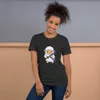 Samurai Sheep T-Shirt, front view — cartoon fluffy sheep samurai wielding a katana and sheathed sword on white background