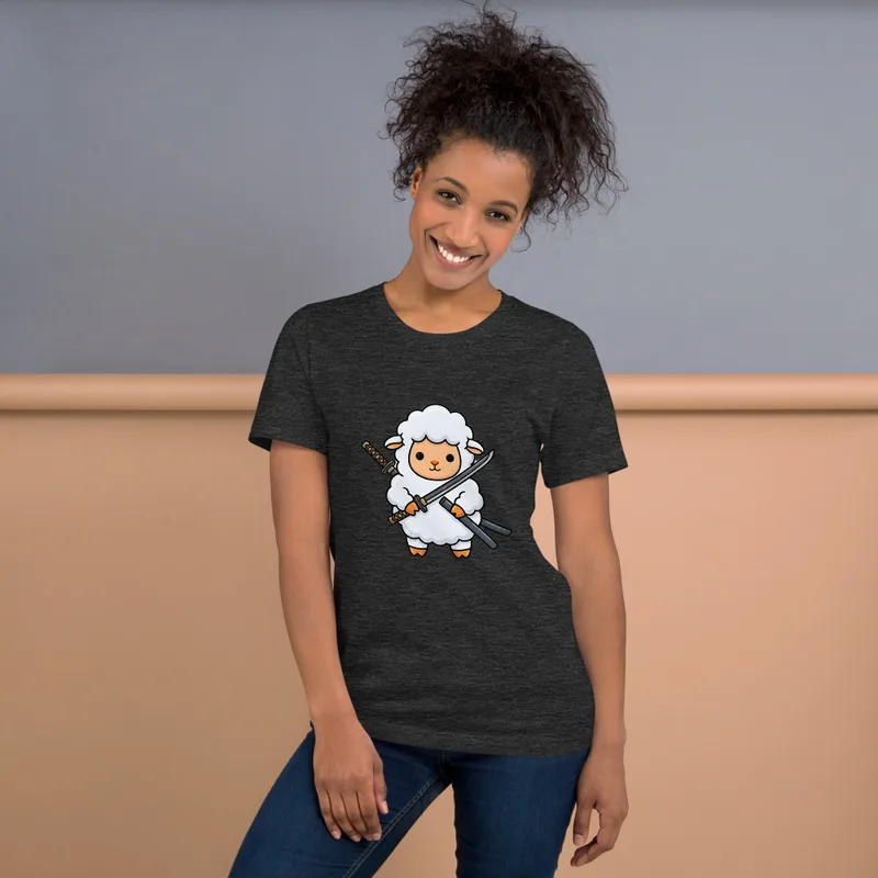 Samurai Sheep T-Shirt, front view — cartoon fluffy sheep samurai wielding a katana and sheathed sword on white background