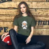 Samurai Sheep T-Shirt, front view — cartoon fluffy sheep samurai wielding a katana and sheathed sword on white background