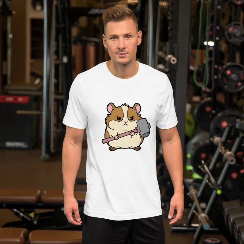 Hammer Time Hamster Tee, front view — cartoon hamster with a determined scowl wielding a large hammer
