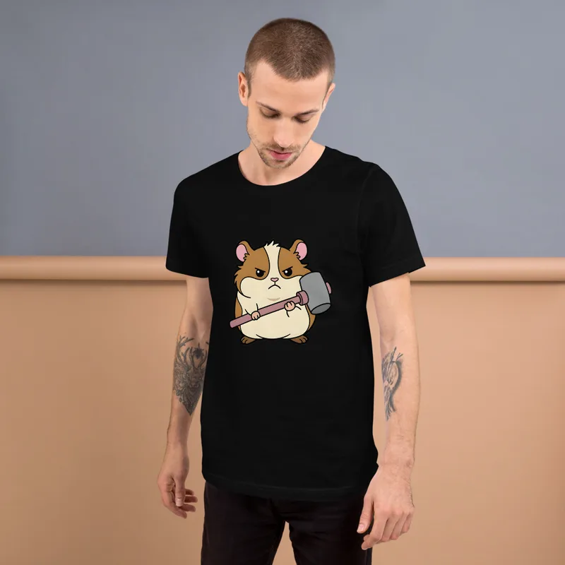 Hammer Time Hamster Tee, front view — cartoon hamster with a determined scowl wielding a large hammer