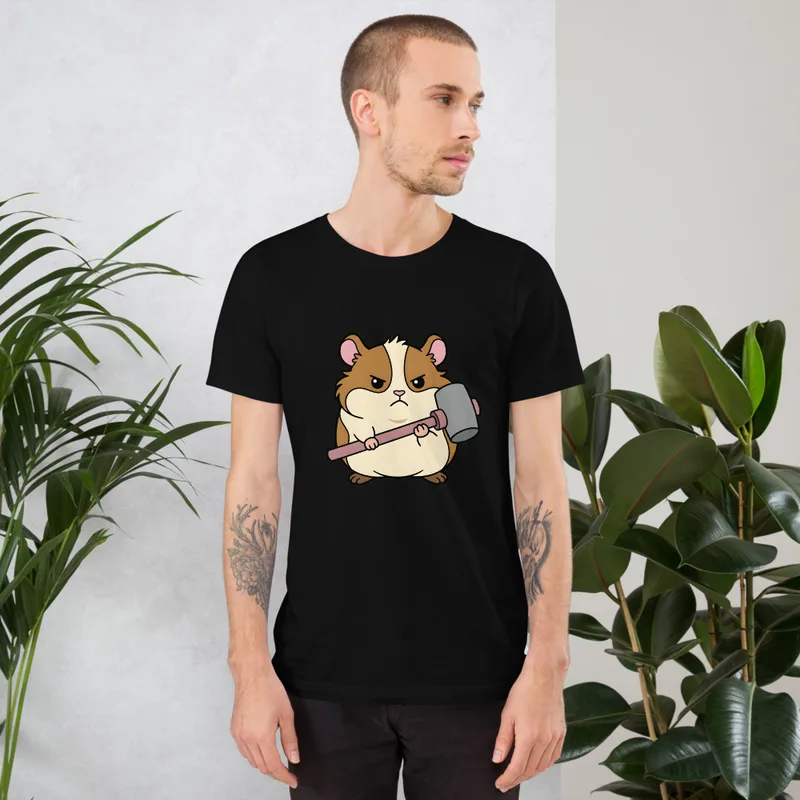 Hammer Time Hamster Tee, front view — cartoon hamster with a determined scowl wielding a large hammer