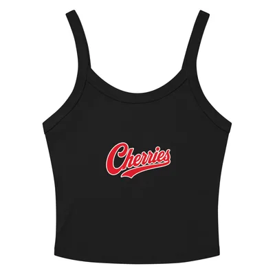 bold red retro baseball-script lettering spelling Cherries with a white outline and swoosh underline on a mint green background on mockup Cherries Script Athletic Tank - default view