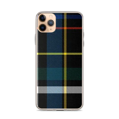 classic tartan plaid pattern in black with royal blue, fire red, golden yellow, forest green, and white stripes on mockup Bold Plaid Heritage Clear Case - default view — clear iphone case