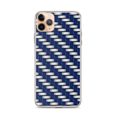 navy blue and brushed silver interlocking bands in a repeating basket-weave pattern with a three-dimensional appearance on mockup Steel and Sapphire Weave - default view — clear iphone case