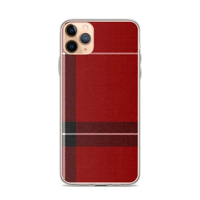 classic tartan plaid pattern in deep crimson red with thick black and white intersecting stripes and fine diagonal weave lines on mockup Bold Highland Plaid Clear Case - default view — clear iphone case