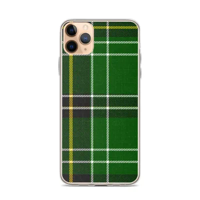 classic tartan plaid pattern in deep forest green with black bands, white stripes, and gold accent lines on mockup Celtic Green Tartan Clear Case - default view — clear iphone case