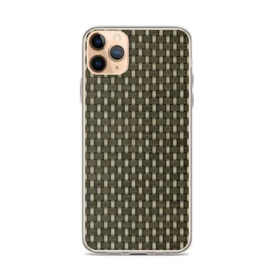 tightly woven basket weave pattern in olive green and warm beige tones with a repeating interlaced crosshatch grid on mockup Woven Texture Clear Case - default view — clear iphone case