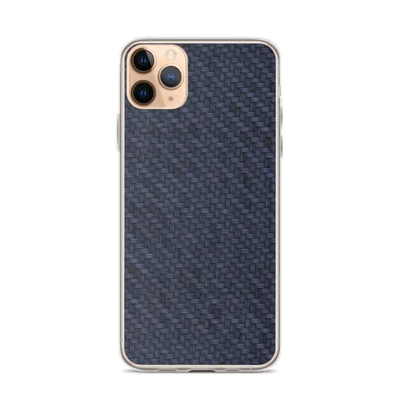 diagonal twill carbon fiber weave pattern in deep navy blue and slate tones with subtle light-shifting texture on mockup Navy Carbon Fiber Shield - default view — clear iphone case