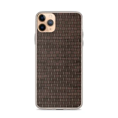 tightly woven rattan basket pattern in deep espresso brown with interlocking horizontal and vertical strands on mockup Dark Woven Rattan Texture Case - default view — clear iphone case