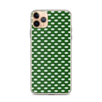 tightly interlaced basket weave pattern in deep forest green and soft mint white with shading that creates a three-dimensional woven texture illusion on mockup Green Woven Basket Weave Case - default view — clear iphone case