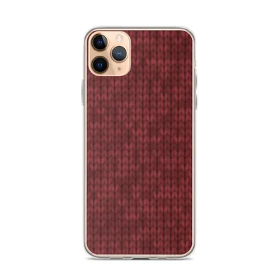 close-up of a deep crimson knitted fabric with repeating V-stitch rows and subtle tonal shading variations on mockup Crimson Knit Texture Case - default view — clear iphone case