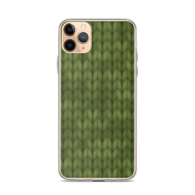 seamless olive green knitted fabric texture with realistic interlocking yarn stitches and soft shading throughout on mockup Cozy Knit Green Texture Case - default view — clear iphone case