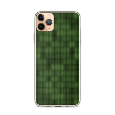 repeating grid of deep olive and emerald green textured cells with a faint skull silhouette emerging from the pattern on mockup Forest Grid Clear Phone Case - default view — clear iphone case