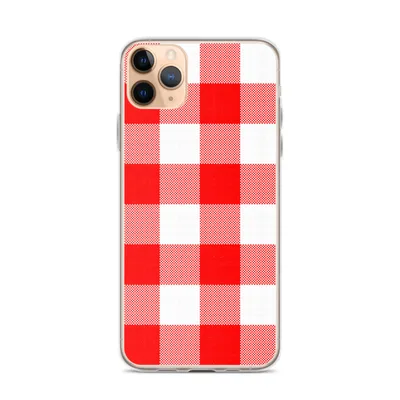 classic red and white gingham checkerboard woven fabric pattern with alternating solid and mixed squares on mockup Red Gingham Picnic Plaid Case - default view — clear iphone case