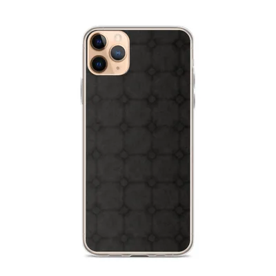 repeating charcoal cobblestone grid with beveled tiles and ornate cross junctions on a near-black textured background with vignette shading on mockup Dark Stone Grid Clear Case - default view — clear iphone case