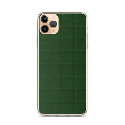 deep hunter green quilted fabric pattern with a precise stitched grid of evenly spaced squares across the entire surface on mockup Forest Green Grid Clear Case - default view — clear iphone case