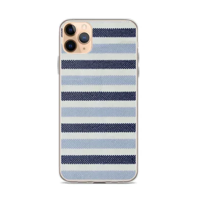 horizontal woven stripes alternating between deep navy, powder blue, and white in a classic maritime pattern on mockup Nautical Stripe Clear iPhone Case - default view