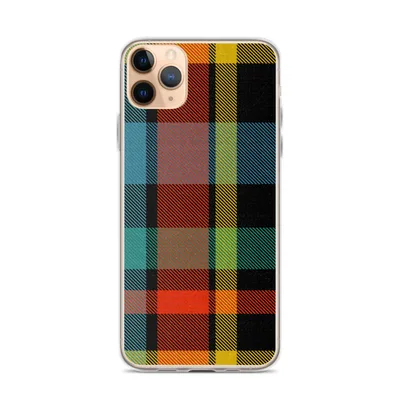 classic tartan plaid woven pattern in deep black, red-orange, golden yellow, teal, and bright green diagonal stripes on mockup Amber Tartan Plaid Clear Case - default view — clear iphone case