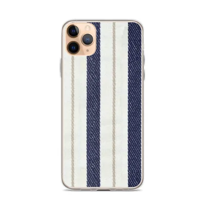 woven ticking stripe pattern with wide navy blue stripes, slim taupe pinstripes, and a crisp off-white background in a textile fabric style on mockup Nautical Ticking Stripe Clear Case - default view — clear iphone case