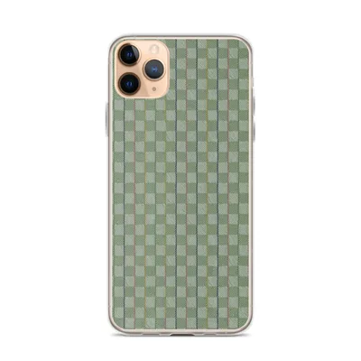 woven-style plaid pattern in sage green and mint with thin vertical stripes in dusty rose, navy, and golden yellow on mockup Garden Plaid Clear iPhone Case - default view