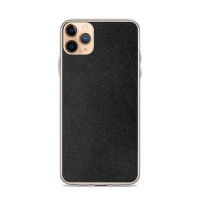 close-up black leather surface with natural grain pores and scattered fine scratches on a dark charcoal background on mockup Scratched Black Leather Case - default view — clear iphone case