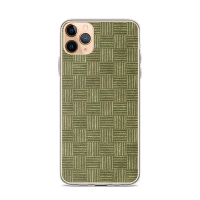 repeating grid of alternating horizontal and vertical woven stripe squares in muted olive and sage green tones on mockup Woven Basket Weave Clear Case - default view — clear iphone case