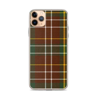 classic Scottish tartan plaid with deep crimson red and forest green blocks crossed by white and golden yellow stripes on a woven textile background on mockup Highland Tartan Clear Case - default view — clear iphone case