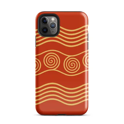 gold concentric spirals and undulating wave bands on a deep crimson red background in an ancient ornamental style on Glossy Golden Waves Ancient Spiral Case - default view — protective iphone case
