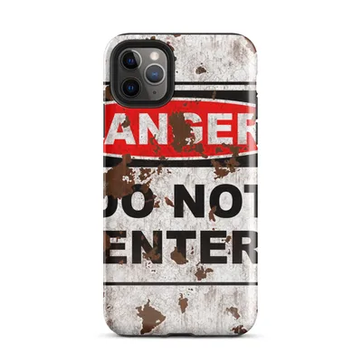 distressed white rusted metal surface with a bold black-bordered warning sign featuring a red oval reading DANGER above DO NOT ENTER in black block letters on Glossy Danger Do Not Enter Case - default view — protective iphone case