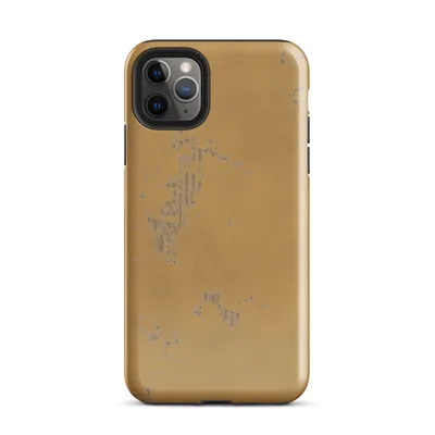distressed golden-amber surface with flaking silver-grey patina patches resembling aged metal or weathered plaster on Glossy Aged Gold Weathered Patina Case - default view — protective iphone case