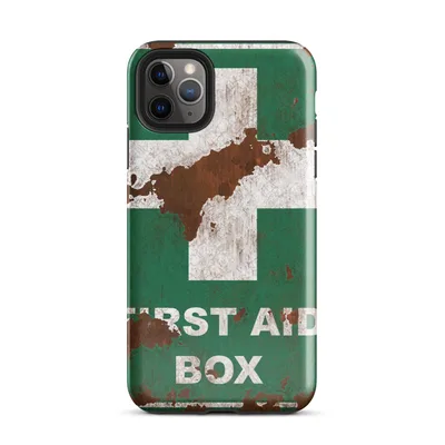 weathered green first aid box sign with white cross, heavy rust stains, and peeling paint on a corroded metal surface on Glossy Rusted First Aid Survivor Case - default view — protective iphone case