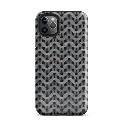 seamless chain mail weave pattern in weathered steel grey with rust spots and interlocking curved metal rings on a black background on Glossy Iron Weave Chain Mail Case - default view — protective iphone case