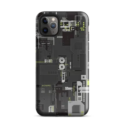 top-down industrial blueprint with dense mechanical panels, circuit traces, and acid-green glowing accents on dark charcoal on Glossy Circuit City Tough Case - default view — protective iphone case