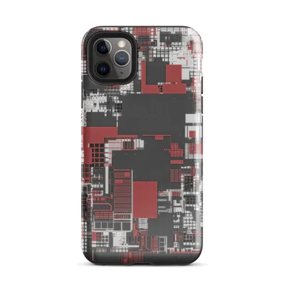 aerial view of a dense abstract cityscape in crimson red, charcoal, and white with overlapping grids and architectural forms on Glossy Circuit City Chaos Case - default view — protective iphone case