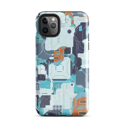 dense layered circuit board camouflage pattern in cyan, navy, and orange with microchip clusters and data trace lines on Glossy Circuit City Tech Camo Case - default view — protective iphone case