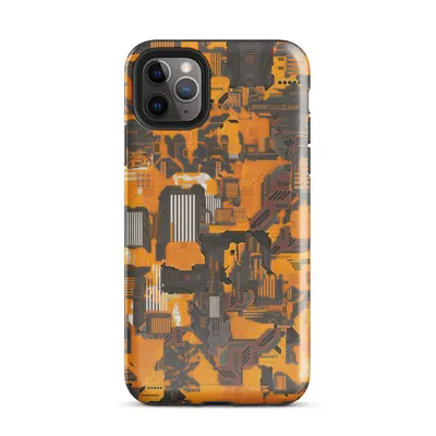 dense camouflage pattern of orange and charcoal mechanical circuit boards, vents, panels, and electronic components with white accent details on Glossy Circuit Camo Tech Fortress - default view — protective iphone case
