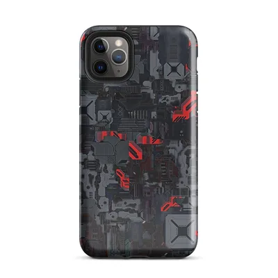 dense mechanical cityscape of circuit panels, industrial plating, and glowing red energy conduits on dark charcoal and gunmetal tones on Glossy Dark Machine City Armor Case - default view — protective iphone case